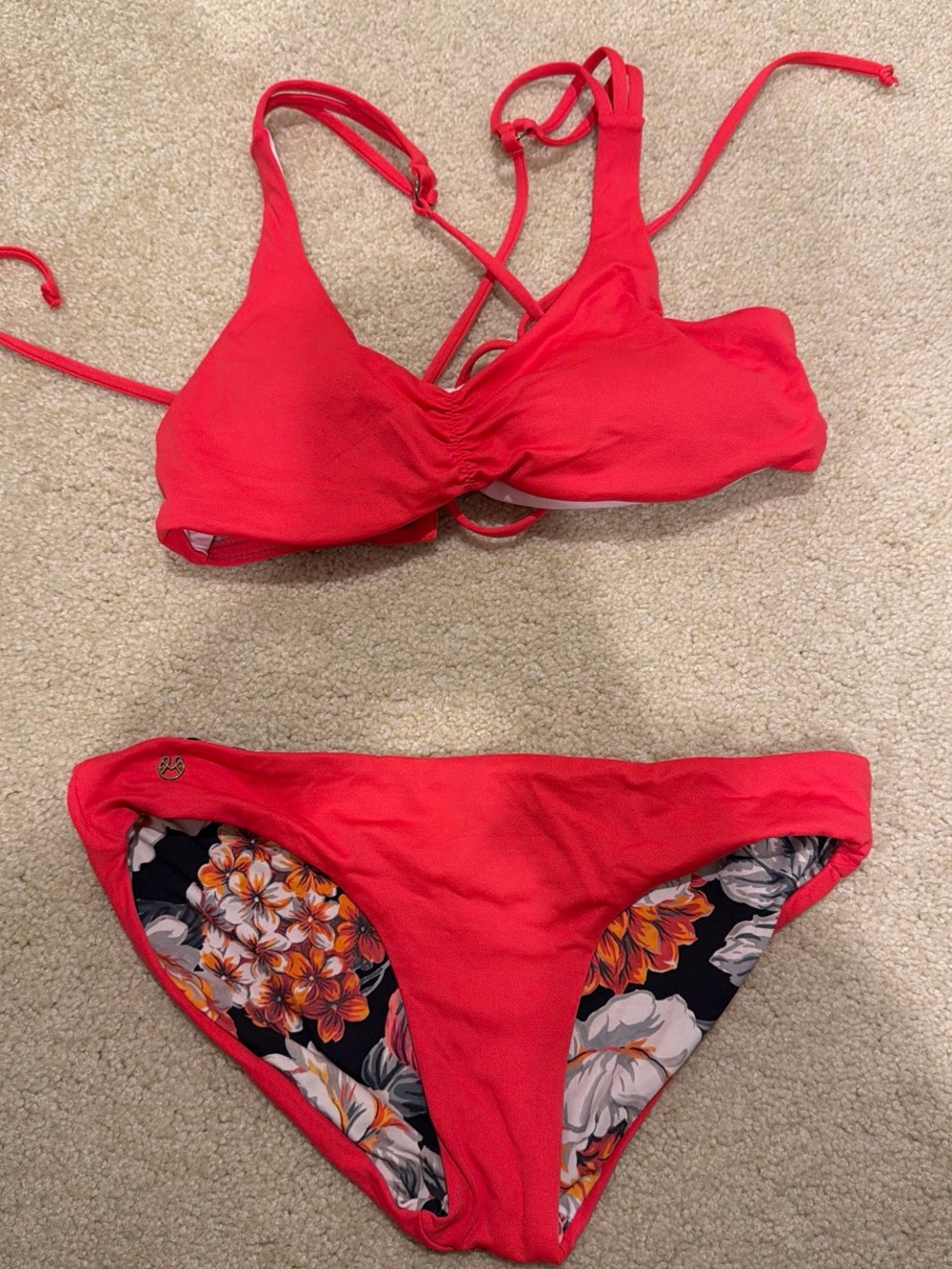 Maaji Floral Bikini Top in Red and Orange